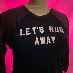 “LET’S RUN AWAY” baseball sleeve graphic t-shirt